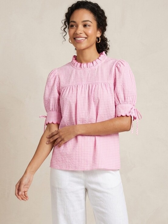 entro Tops - entro Pink Gingham Ruffle Neck Puff Sleeve Blouse